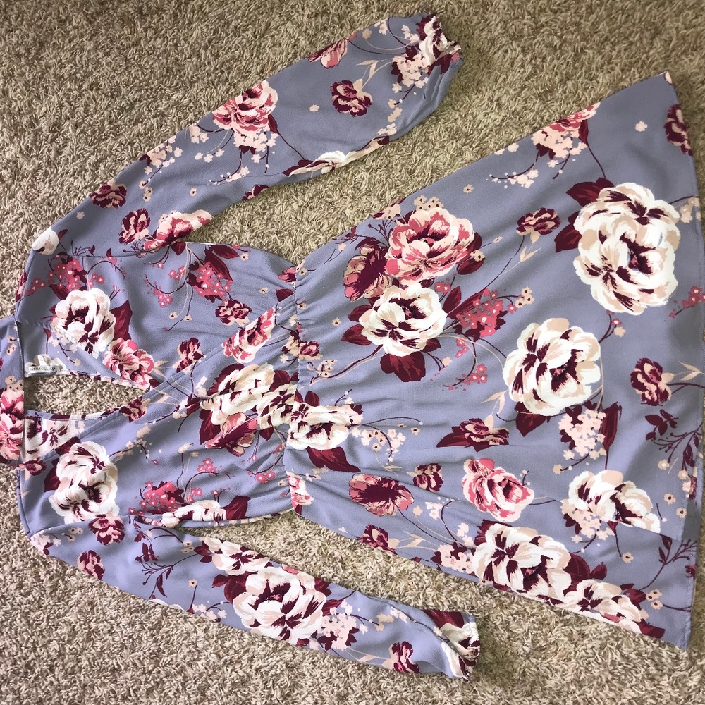 Purple, floral mid-length, long-sleeve dress